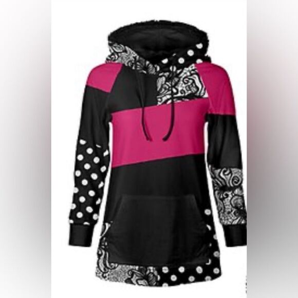 Lily | Black & Pink Polka Dot Color Block Kangaroo-Pocket Hoodie Size 3X - Picture 1 of 12
